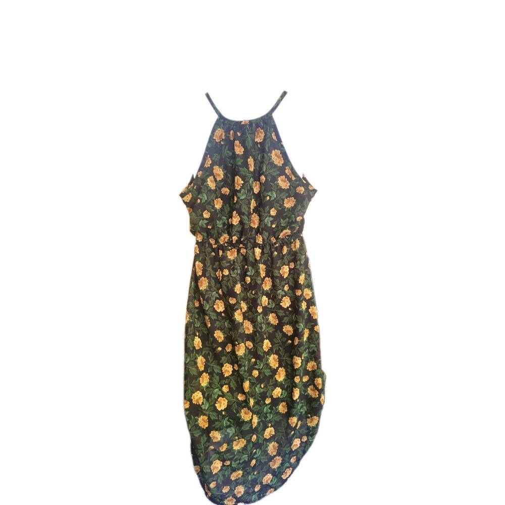 Blush Black Yellow Green Floral Tie Neck Midi High Low Sundress floral Coquette - Picture 5 of 7